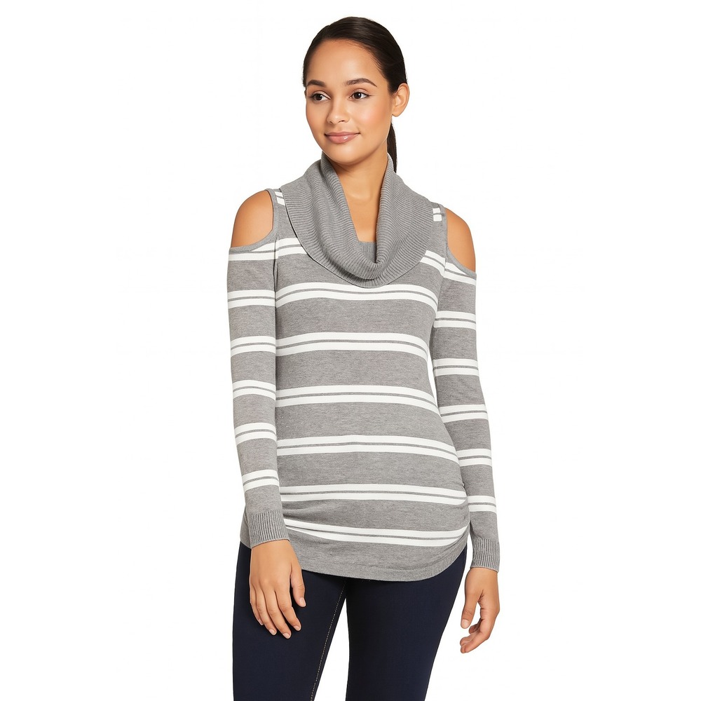 Hooked Up IOT Juniors' Cold Shoulder Cowl Neck Sweater Gray White Stripe Size M
